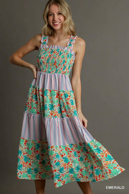 Multi Stripe Mixed Print Sleeveless Smocked Maxi Dress