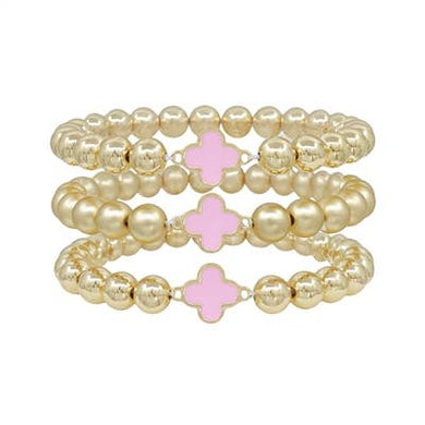 Gold Beaded Stretch Bracelets Set of 3 with Pink Clover