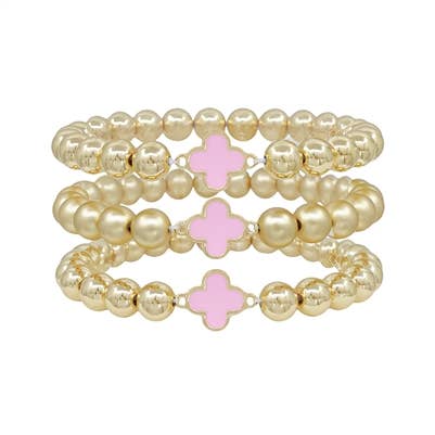 Gold Beaded Stretch Bracelets Set of 3 with Pink Clover