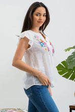 FLORAL EMBROIDERY SPLIT NECK BLOUSE-WHITE