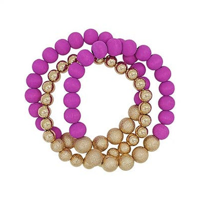 Hot Pink Wood & Gold Beaded Set of Three Stretch Bracelets