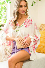 V-Neck Kimono Sleeve With Tie Floral Printed Top VT81312E
