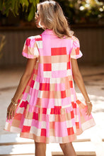 Colorblock Plaid Puff Sleeve Tiered Mini Dress