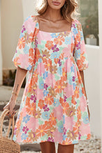 Pink Summer Floral Square Neck Puff Sleeve Babydoll Dress