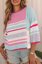 Color Block Striped Three-Quarter Sleeve Knitted Tops