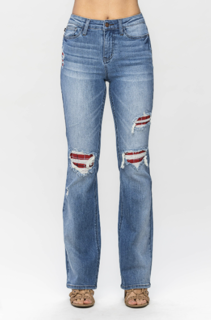 Judy Blue Mid Rise Plaid Patch Bootcut
