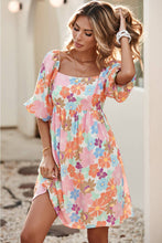 Pink Summer Floral Square Neck Puff Sleeve Babydoll Dress