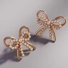 Double Bow Ribbon Pearl Post Earring
