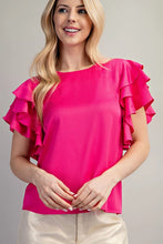 GLAM-ROUND NECK RUFFLE SLEEVE SATIN TOP HOT PINK