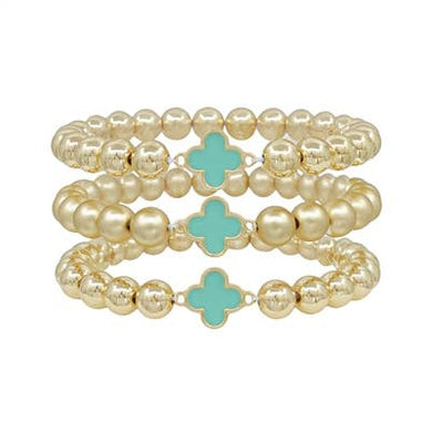 Gold Beaded Stretch Bracelets Set of 3 with Mint Clover