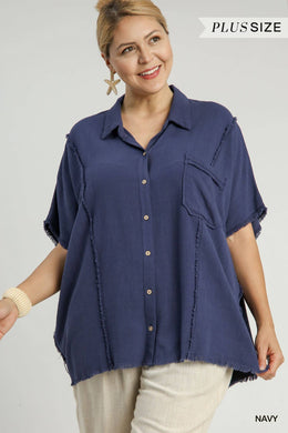 Linen Boxy Cut Button Down Top with Fray & Reverse Stitc