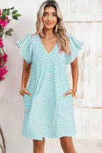 Jade Striped Vneck Flutter Sleeve Dress