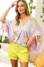 V-Neck Kimono Sleeve With Tie Floral Printed Top VT81312E