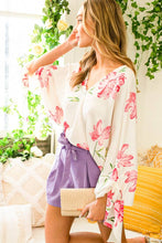 V-Neck Kimono Sleeve With Tie Floral Printed Top VT81312E