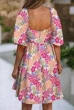 Pink Summer Floral Square Neck Puff Sleeve Babydoll Dress