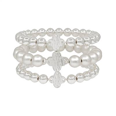 Silver Beaded with Clover Set of 3 Stretch Bracelets