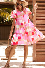 Colorblock Plaid Puff Sleeve Tiered Mini Dress