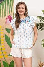 EMBROIDERED RUFFLE SLEEVE WOVEN TOP
