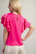 GLAM-ROUND NECK RUFFLE SLEEVE SATIN TOP HOT PINK