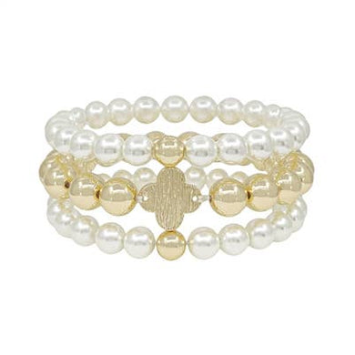 Pearl and Gold Beaded with Clover Set of 3 Stretch Bracelet