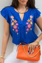 FLORAL EMBROIDERY SPLIT NECK BLOUSE-WHITE