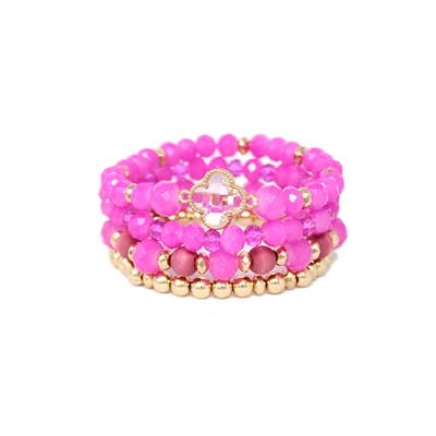 Pink Crystal & Gold Beaded w/ Clear Glass Clover Bracelets