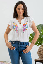 FLORAL EMBROIDERY SPLIT NECK BLOUSE-WHITE