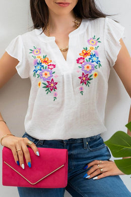 FLORAL EMBROIDERY SPLIT NECK BLOUSE-WHITE