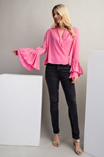 Glam Pink Wrap Blouse with Ruffled Sleeves