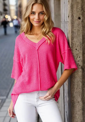 Short Sleeve Pink Solid Waffle Knit Top
