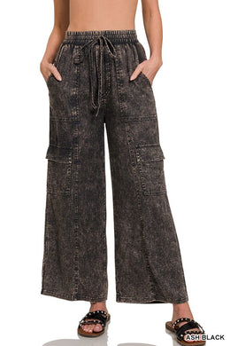 Wide Leg Cargo Pants-Ash Black