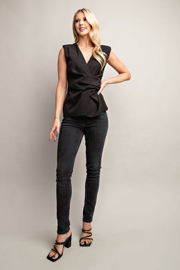 Glam Black Shoulder Padded Wrap Detail Top