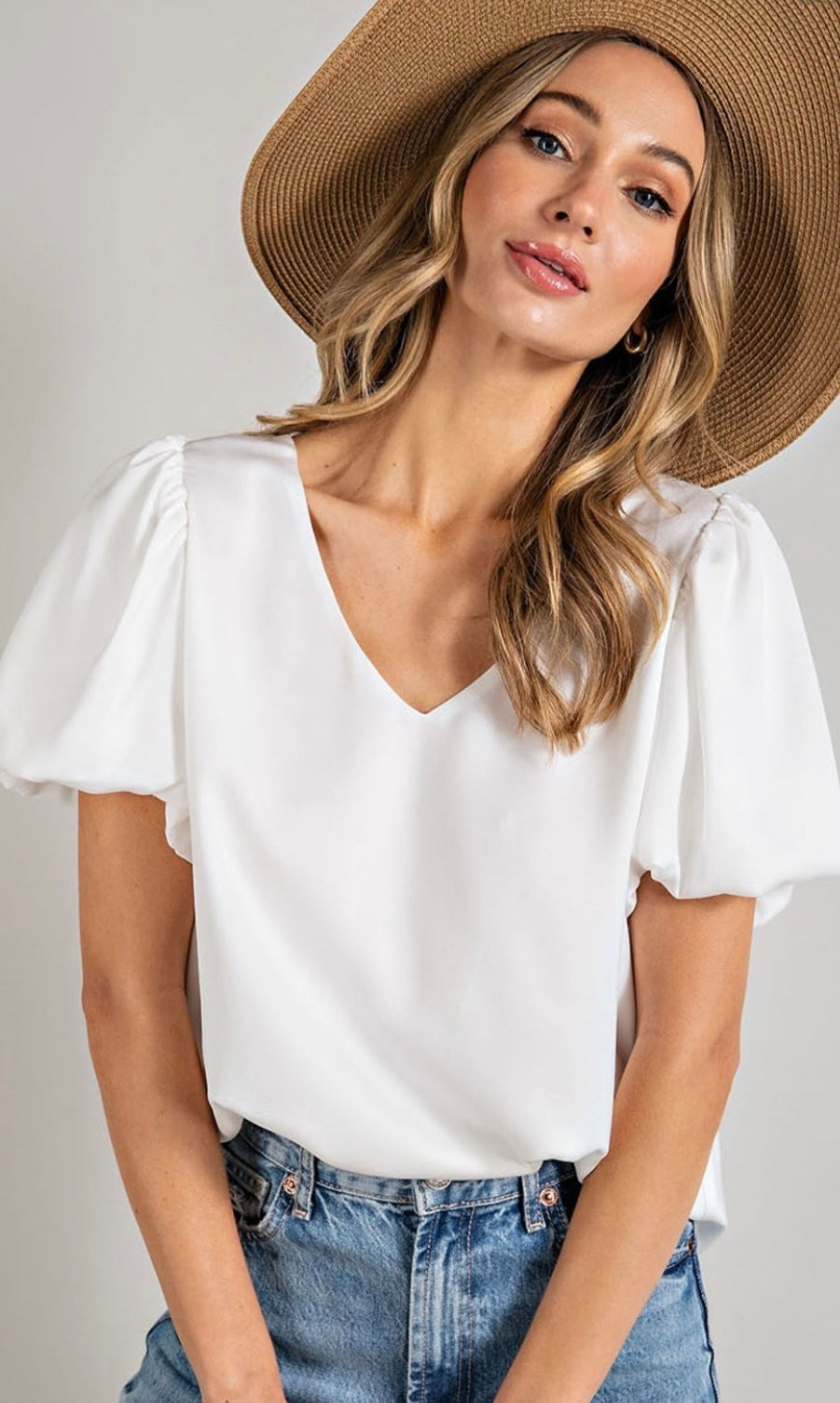 Eesome Off White V Neck Puff Sleeve Top