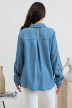 Blu Pepper Chambray Long Sleeve Button Up Top