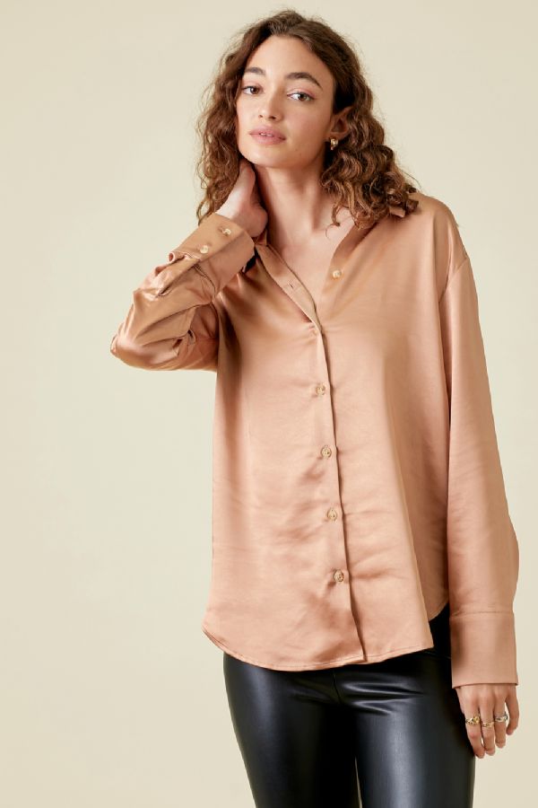 Mystree Button Down Silky Relaxed Shirt