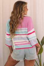 Color Block Striped Three-Quarter Sleeve Knitted Tops