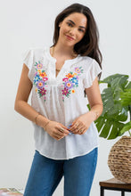 FLORAL EMBROIDERY SPLIT NECK BLOUSE-WHITE