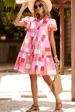 Colorblock Plaid Puff Sleeve Tiered Mini Dress