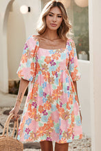 Pink Summer Floral Square Neck Puff Sleeve Babydoll Dress