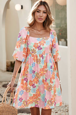 Pink Summer Floral Square Neck Puff Sleeve Babydoll Dress