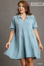 Mineral Wash Cotton Gauze Tiered Collared Dress with Smocked