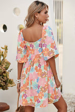 Pink Summer Floral Square Neck Puff Sleeve Babydoll Dress