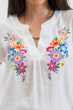 FLORAL EMBROIDERY SPLIT NECK BLOUSE-WHITE