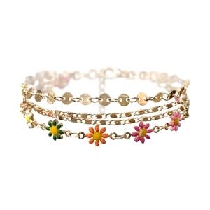 Multi Colored Flower and Gold Chain Layered Bracelet