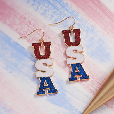 USA Linear Lettering Enamel Hook Earring