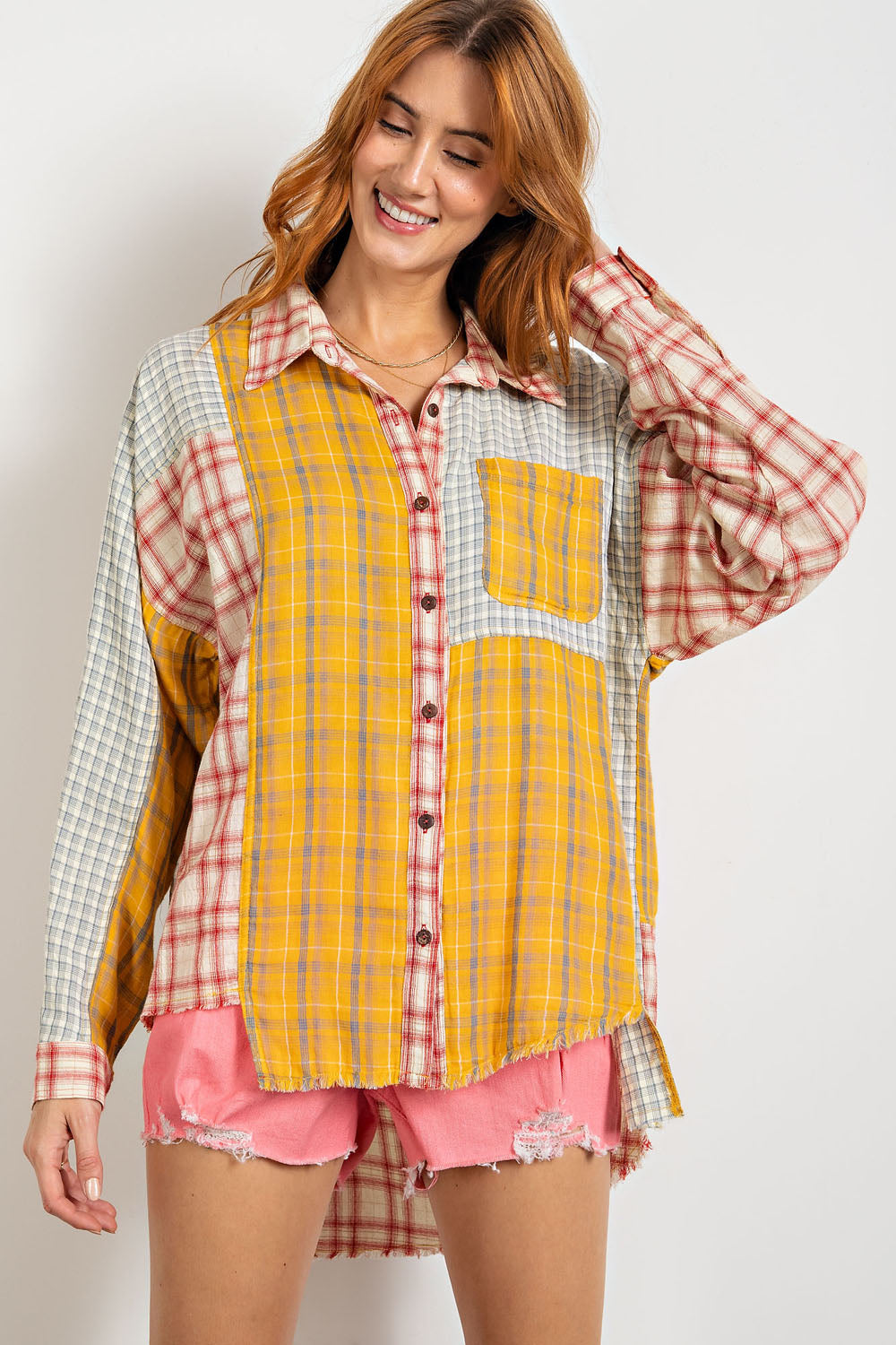 Easel Long Sleeve Plaid Mix Button Up Top