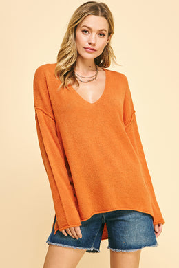 Pinch Rusty Orange V Neck Knit Sweater