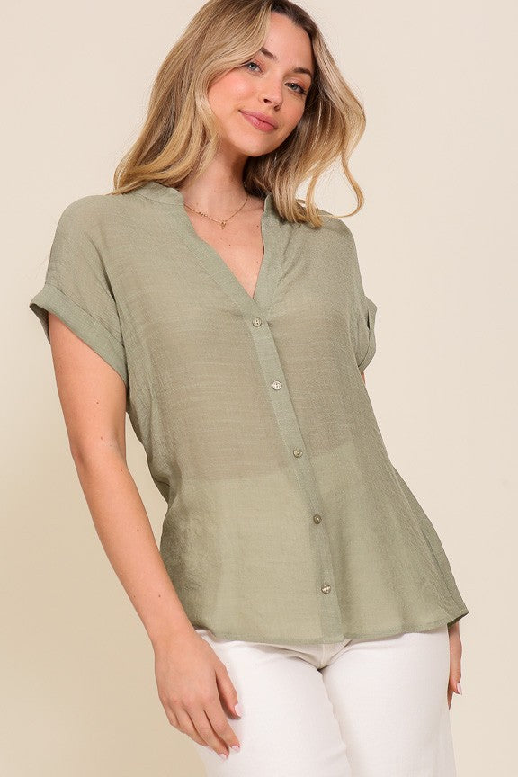 Timing Olive Button Down Linen Top