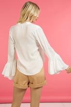 Glam White Wrap Blouse with Ruffled Sleeves