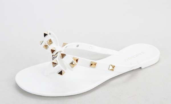 Jellie Sandals With Bow And Gold Studs, White- ON SALE
